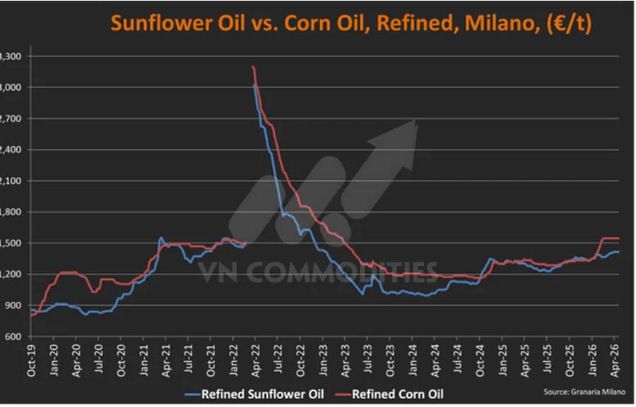 Gi&aacute; dầu ng&ocirc; tinh luyện v&agrave; dầu hướng dương