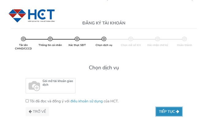 bước 4 mở t&agrave;i khoản giao dịch h&agrave;ng h&oacute;a tại hct