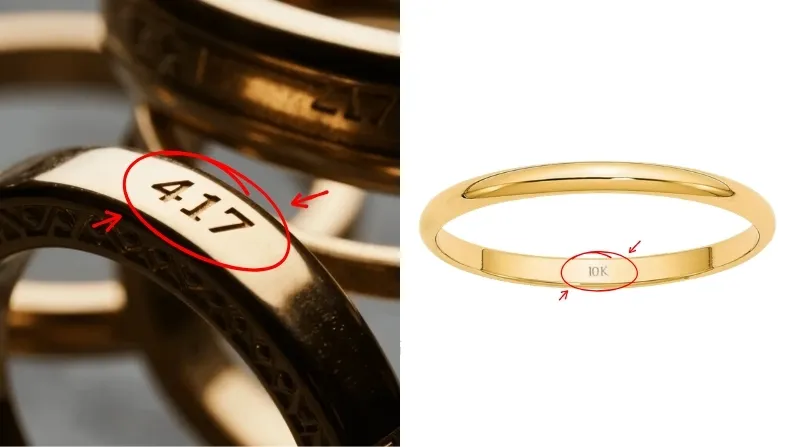 Kiểm tra kỹ ký hiệu trên sản phẩm: Các dấu khắc như "10K" hoặc "417" là cơ sở xác nhận đúng tuổi vàng.