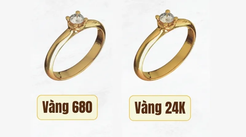 Vàng 680 thường có màu vàng nhạt hoặc vàng ánh đỏ tùy theo tỷ lệ đồng và bạc được pha trộn. Màu sắc này tạo nên nét khác biệt so với sắc vàng đậm, rực rỡ của vàng 24K.