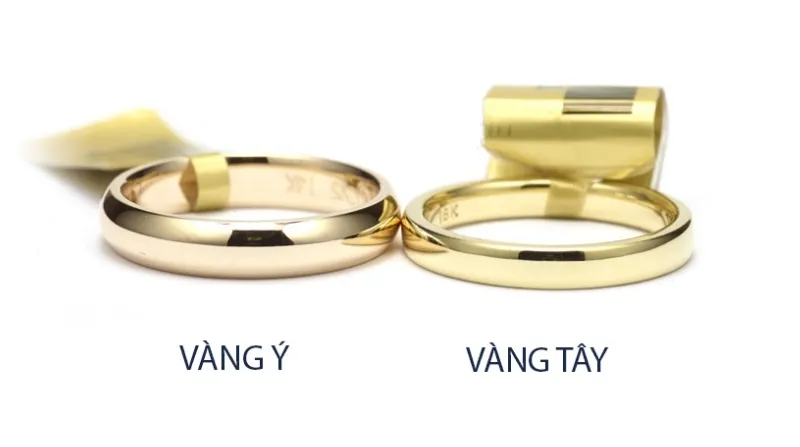 Vàng tây thường có hàm lượng vàng nguyên chất thấp hơn và màu sắc không sáng bóng bằng vàng Ý.