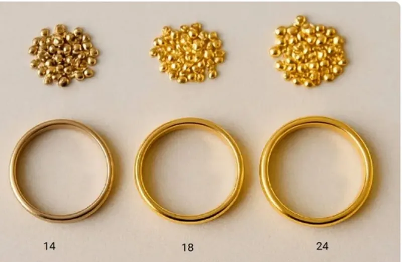 So với vàng 18K hoặc vàng 24K, vàng 14K có màu vàng dịu hơn do chứa nhiều hợp kim hơn.